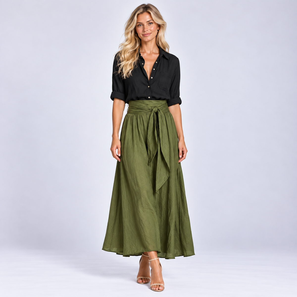 Black Long Sleeve Top and Olive Green Midi Skirt Two Piece Set
