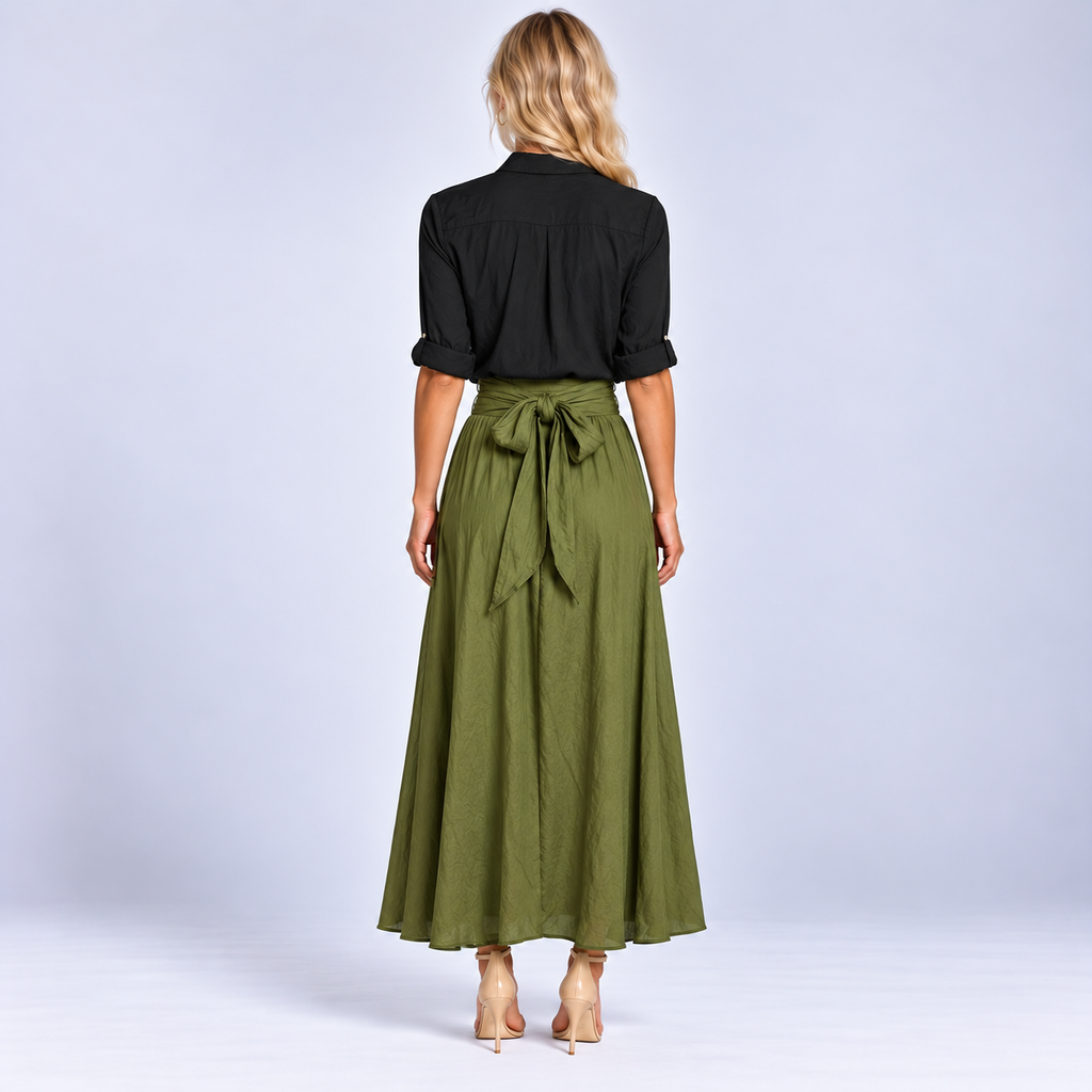 Black Long Sleeve Top and Olive Green Midi Skirt Two Piece Set