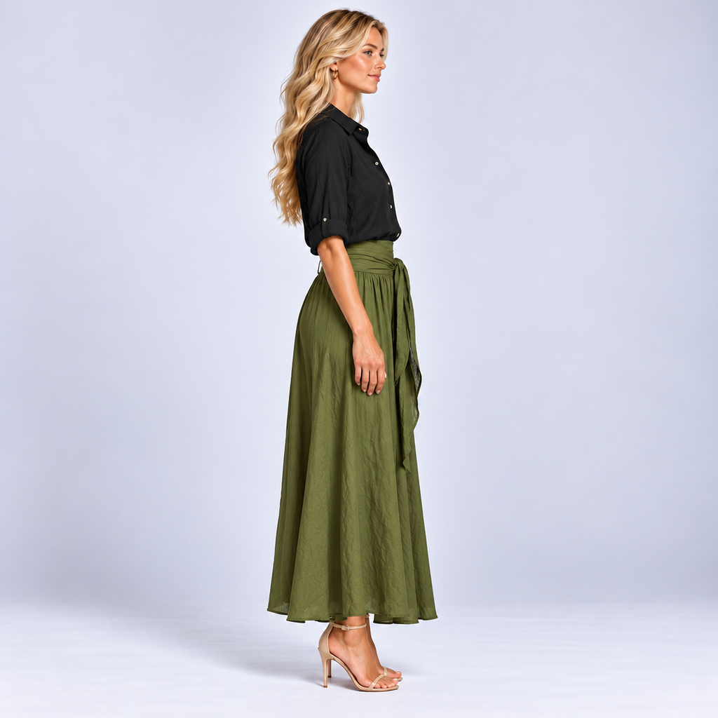 Black Long Sleeve Top and Olive Green Midi Skirt Two Piece Set