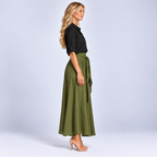 Black Long Sleeve Top and Olive Green Midi Skirt Two Piece Set