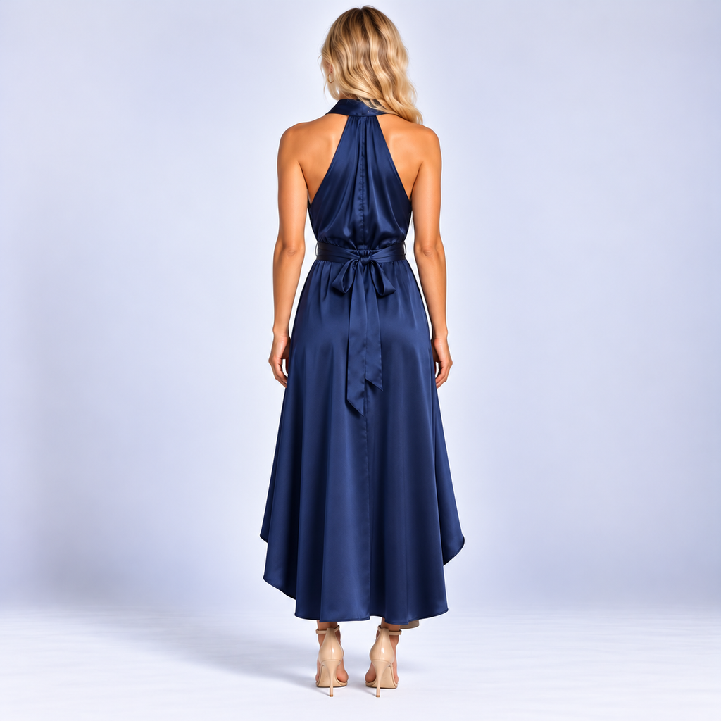 Halter Neck Evening Dress with Deep V Neckline and High Low Hem