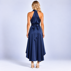 Halter Neck Evening Dress with Deep V Neckline and High Low Hem