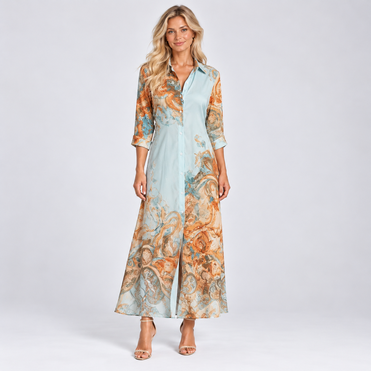 Light Blue Paisley Maxi Shirt Dress with Collar and Button Front