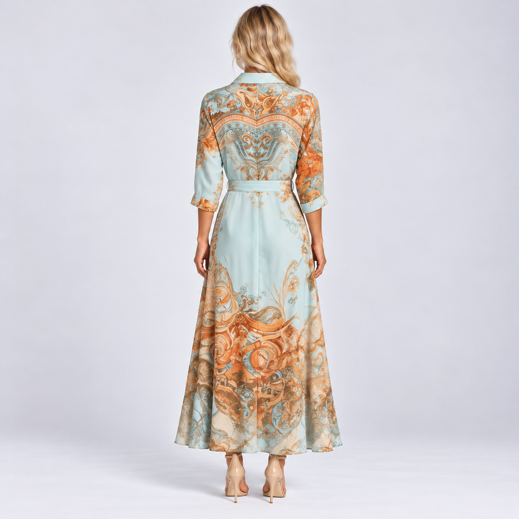 Light Blue Paisley Maxi Shirt Dress with Collar and Button Front