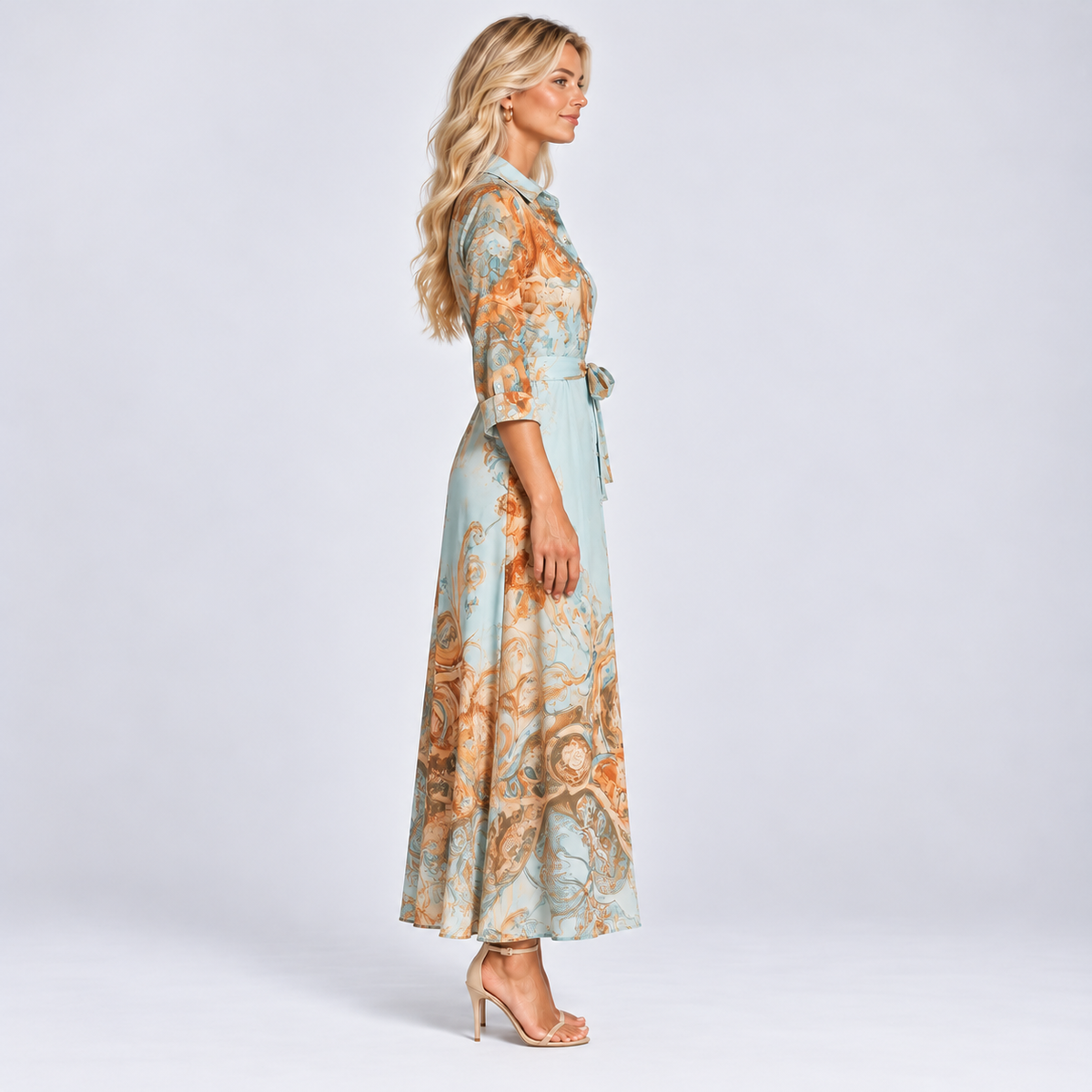 Light Blue Paisley Maxi Shirt Dress with Collar and Button Front