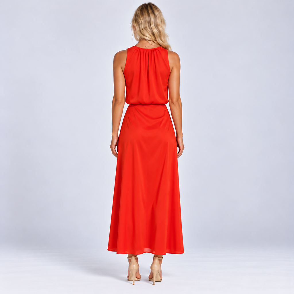 Orange Summer Midi Dress with High Neck and Side Slit